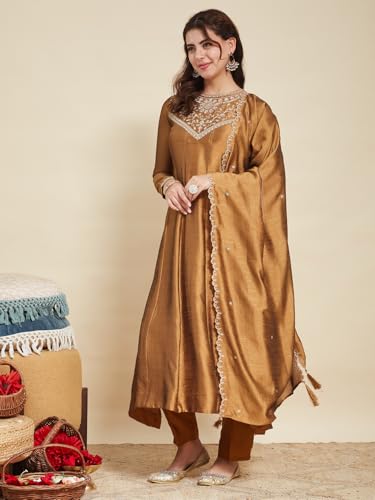 Image of MOKOSH Women's Embroidered Silk Anarkali Kurta Pant with Dupatta | Anarkali Kurta Set | Embroidered |Occasion & Festive Traditional | 3 Piece Outfit
