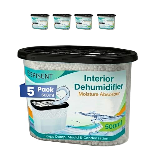 EPISENT Moisture Absorber Dehumidifier – Condensation Remover for Damp, Mould, Home, Wardrobe, Kitchen, Bathroom, Basement, Garage, Bedroom, Caravan, Office - 5Pack/210g each