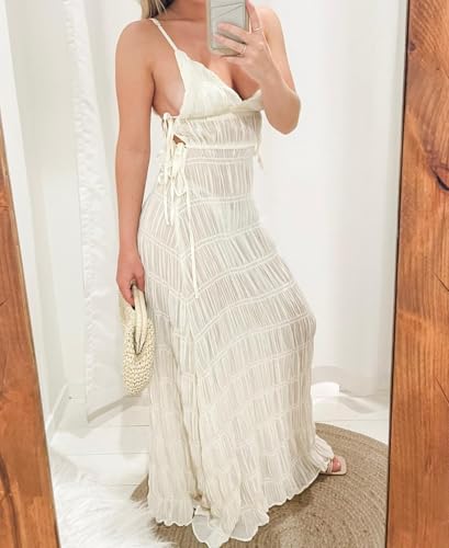 Image of Yiulangde Women's Backless Smocked Summer Long Dress White Ruched Flowy Vacation Maxi Dress Sexy Tie Side Cut Out Beach Sun Dress Y2k Open Back Casual Sundress