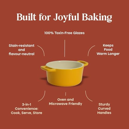 Image of CUMIN CO. Ceramic Mini Cocottes | Set of 2 | Non Toxic Bakeware | Enamel Coated Mini Pot for Lava Cake | Free Accessories | Induction, Micro & Oven Safe | Color: Rust