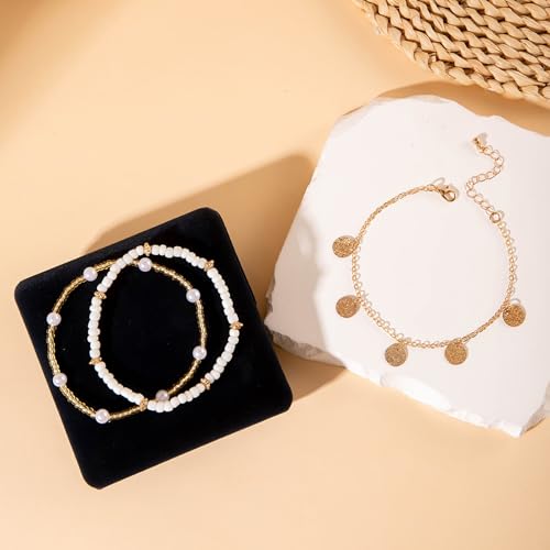 Image of Ankle Bracelets for Women Stretch Boho Pearl Bead Gold Anklets Layered Sequins Foot Chain Hawaiian Beach Conch Summer Vacation Travel Foot Jewelry