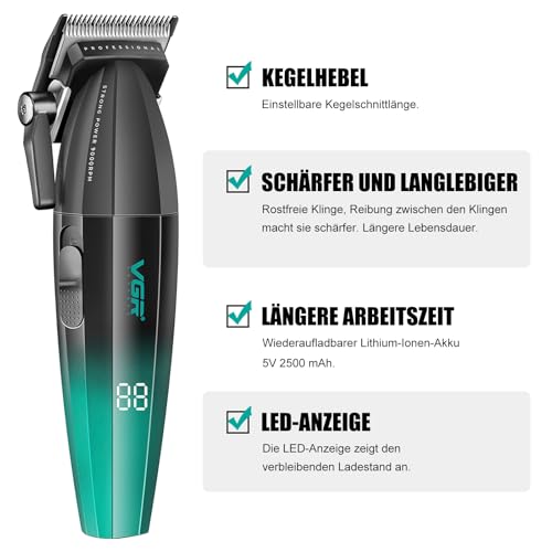 VGR Professioneller Haarschneider Set für Herren Barber Kit Haarschneidemaschine Haartrimme Pflegeset 9000 U/min Zero Gap T-Klinge Trimmer Kabelloses Haarschneide-Set mit 9 Führungskämmen