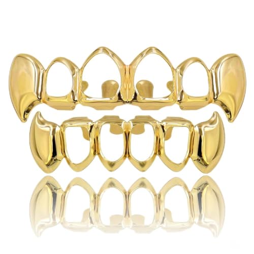 TOPGRILLZ 14K Gold Plated Open Face Top and Bottom Grillz for Your Teeth Vampire Grill Hip Hop Cosplay Costume Rapper Accessory (Gold Vampire)