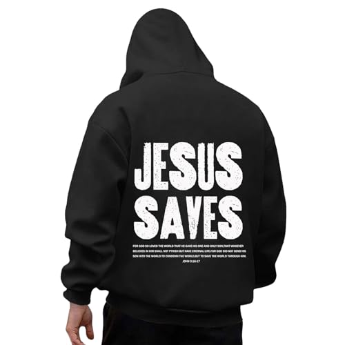 Jesus Saves Letter Print Hoodies for Men Christian Pullover with Pocket Faith Hooded Sweatshirt Religious Oversized Tops