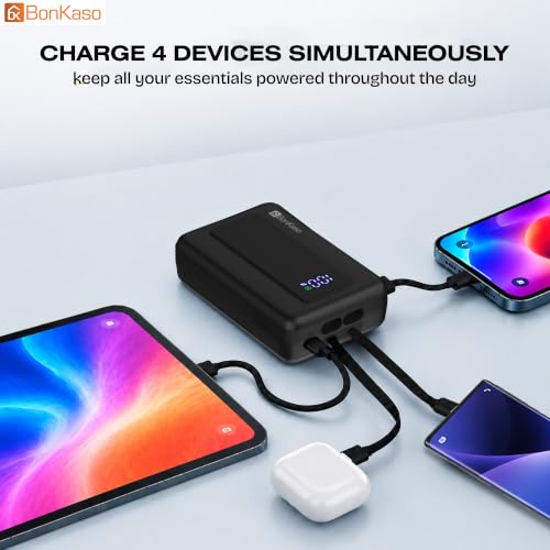 Image of Bonkaso 10000mAh 35W PD Power Bank with Inbuilt Type-C & Lightning Cable, Digital Display, USB-A & Type-C Output, Compact Portable Charger for Mobiles Tablets & Type-C Laptops :-Black
