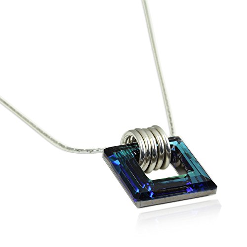 925 Sterling Silver Necklace Made With Bermuda Blue Swarovski Crystal Square Pendant, 18" +4" Extender #TOP1