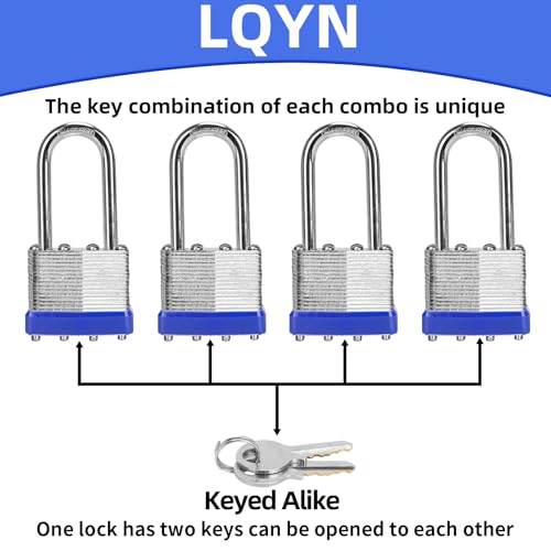 Image of Padlocks with Same Key, LQYN 24 Pcs Laminated Keyed Padlock (1-9 /16 inch, 40mm), Keyed Alike Locks, Long Shackle, for Storage Locker, Hasp Latch, Toolbox, Sheds