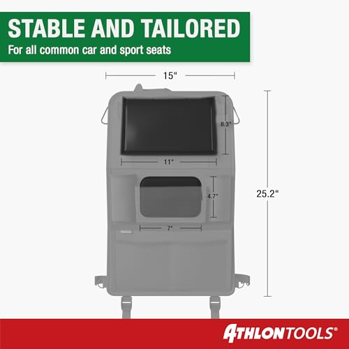 ATHLON TOOLS Najstabilniejszy organizer na fotel samochodowy z uchwytem na tablet, wzmocniony tył, bezpieczny dla żywności, z dodatkowym piórnikiem, biznesowy / dla dzieci, zaprojektowany w Hamburgu