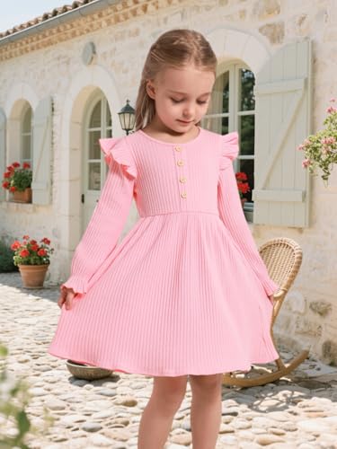 ESHOO Toddler Girl Dress Girls Sweater Dresses Ruffle Long Sleeve Ribbed Knit Casual Fall Dresses for Kids 2-7 Years3