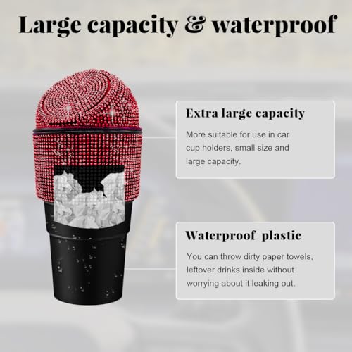 Image of Yourkar Bling Car Trash Can with Lid, Sparkling Crystal Auto Garbage Can with Leak-Proof Lid, Multipurpose Waterproof Trash Bin for Automotive Home Office Kitchen Bedroom (Red)