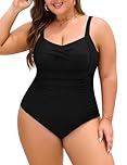 Nadeer Women's One-Piece Swimsuit Plus Size Tummy Control Swimwear V Neck Ruched Ladies Swimming Costume Bathing Suit for Beach Sports(Black,4XL)