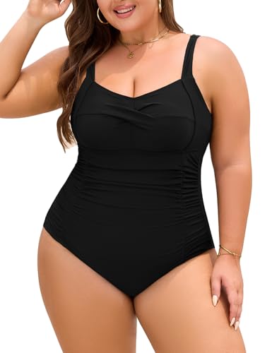 Nadeer Maillot de Bain Femme 1 Pieces Grande Taille Maillots Une Pièce Gainant Ventre Plat Col en V Sexy Push Up Swimsuit Swimwear Monokini L-4XL(Noir,XL)