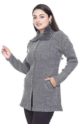 Image of Women Woolen Buttoned Fur Collar Neck Stylish Party Winter Wear Coat Cardigan Sweater