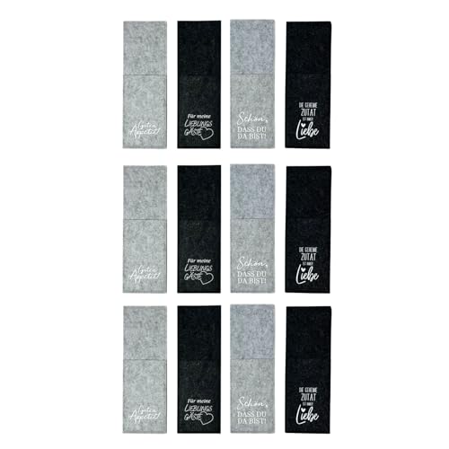 Bestecktasche Filz abwischbar Schwarz/Grau mit Sprüchen 4-fach sortiert 12 Stück