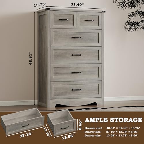 Image of BORNOON Tall 6-Drawer Dresser for Bedroom, Modern Wooden Chest of Drawers with Metal Handles, Anti-Tipping Design, Sturdy and Stable Storage Organizer for Living Room, Entryway, Home Office