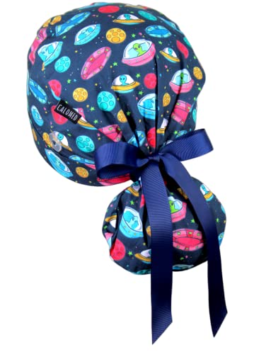 Image of Scrub Cap for Women and Men, Ponytail Scrub Caps, Working Hat, Head Cover with Ribbon Ties and Buttons, Long Hair