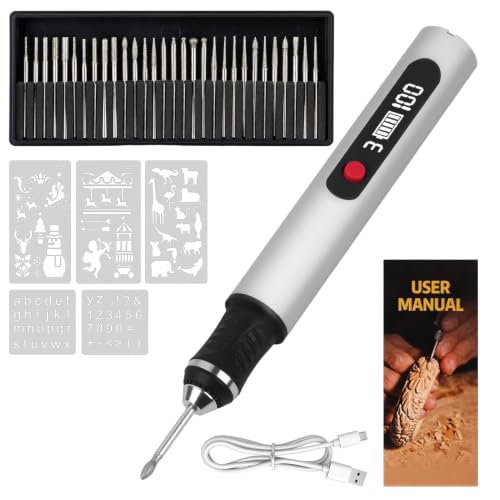 Bolígrafo Grabado Eléctrico Inalámbrico con 30 Bits Mini Pino de Grabado Portátil Regulador 3 Velocidade USB Carga para para Metal, Madera, Vidrio, Joyería y Manualidades