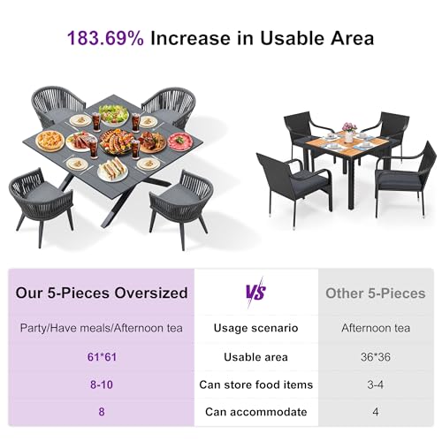 Image of PURPLE LEAF 5 Pieces Oversized Square Outdoor Dining Set with Patio Aluminium Dining Table and Wicker Chairs Modern Furniture Cushions Sets for Backyard Indoor Decor Kitchen Gray