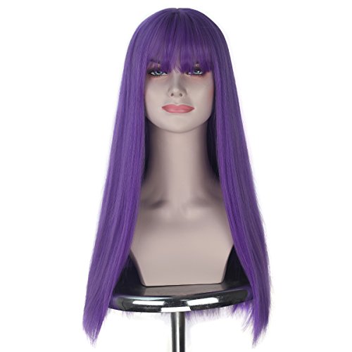 Miss U Hair Women Girl Long Natural Straight Mal Hair Purple Color with Full Bangs Cosplay Costume Wig