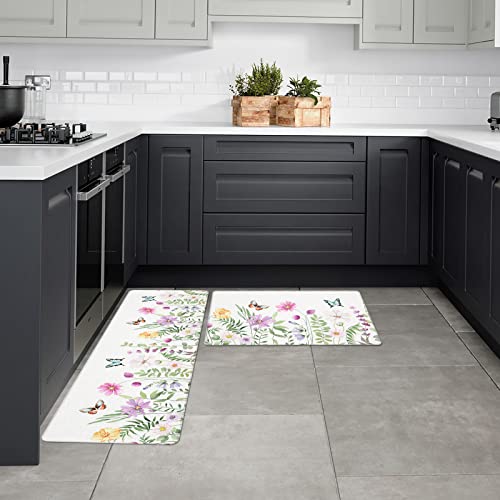 2 Pcs Cushioned Antifatigue Kitchen Mats And Rugs,Florals Butter-Fly Absorbent Floor Bath Door Mat Non-Slip Doormat Accent Runner Carpet Washable Comfort Standing Mat Spring Summer Flower Leaves #TOP3