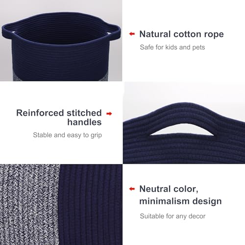 Image of Cotton Rope Blanket Basket, 72L Tall Laundry Hamper, Navy Blue | 16 inchx 22 inch, Collapsible Large Nursery Hamper, Sturdy Handles for Clothes Toys Towels, Ideal for Bedroom Bathroom Living Room