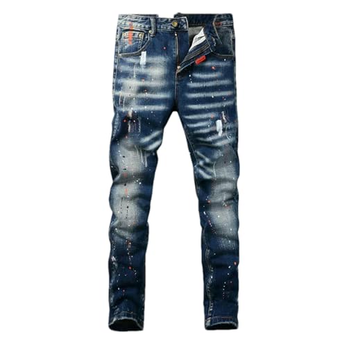 Mens Street Jeans Retro Blue Stretch Slim Fit Painted Ripped Jeans Men ​​Trousers Vintage Denim Pants