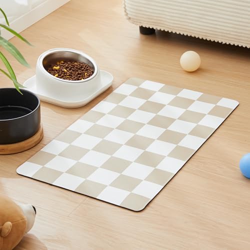 Ralxion Checkered Dog Feeding Mat Absorbent Mats for Dog Food and Water Bowl Dispenser Retro Aesthetic Khaki Beige Checkerboard Pet Placemat for Dogs Cats Puppy Accessories 12 X 19