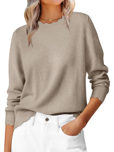 ANRABESS Sweaters for Women Loose Fit Lightweight Soft Dressy Scalloped Long Sleeve Pullover Tops 2026 Fall Casual Outfits Tan