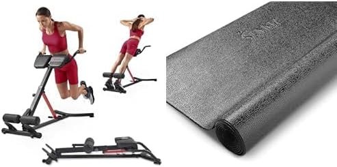 Sunny Health and Fitness Unisex's Station Hyperextension Roman Chair with Dip Station, Black + Treadmill Mat -Medium - NO. 074-M, Black