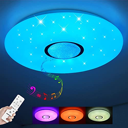 JDONG Plafón Bluetooth 24W Ø 40CM Plafón LED con altavoz, mando a distancia y control APP, cambio de color RGB, regulable, lámpara cielo estrellado,resistente al agua IP44 Cover