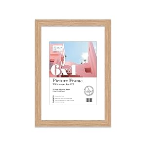 Almost Frameless 6×4 Oak Picture Frame With Mount for 4×3 Print, Poster or Photo Poster, Photo, Artwork, or Print. Thin Edge Slim Frame Portrait and Landscape Display with Wall Hooks