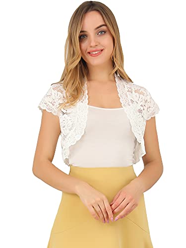 Allegra K Women's Lace Shrug Elegant Short Sleeve Open Front Sheer Floral Cardigan Cropped Bolero Shrugs Medium White by Allegra K - Used condition - Image 2