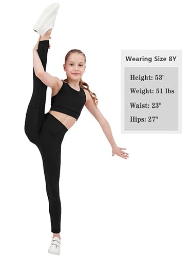 Exarus Girls Black Leggings Athletic Compression Pants With Pockets High Waist Active Dance Yoga Tights 10 Years #TOP5