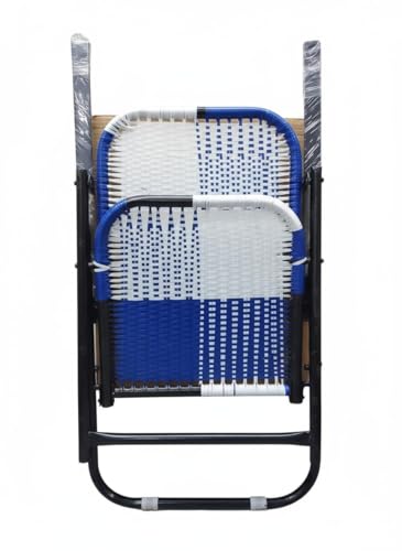Image of Portable Folding Study Chair with Armrests, Blue and White Woven Design, Iron Frame, 8mm Laptop Reading Pad, Lightweight, for Home, School and Outdoors