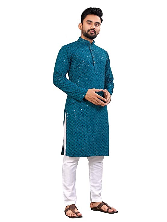 LADKUMens Ethnic Ware Embroidery Cotton Blend Work Kurta Pajama Set