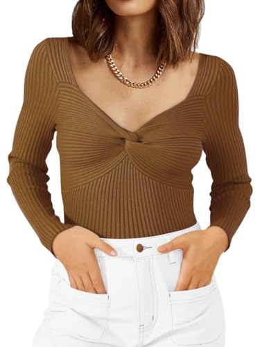 Image of Zeagoo Sweaters for Women Fall Long Sleeve V Neck Sexy Ribbed Knit Sweater Slim Fit Solid Basic Casual Tops