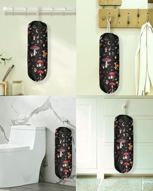 Plastic Bag Holder Organizer - 1 Pack Reusable Canvas Grocery Bags Holder Hanging Wall Cute Aesthetic Shopping Bag Storage Dispenser with Drawstring Closure for Kitchen Home, Mushroom
