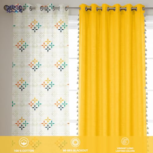 Image of Urban Space Floral 100% Cotton Curtains For Door, Combo Set Of 3 Curtains 7 Feet Long, 60-65% Room Darkening Curtain, Tieback & Eyelets Included With Curtains For Home Decor (Mosaic Yellow, 7 Feet)