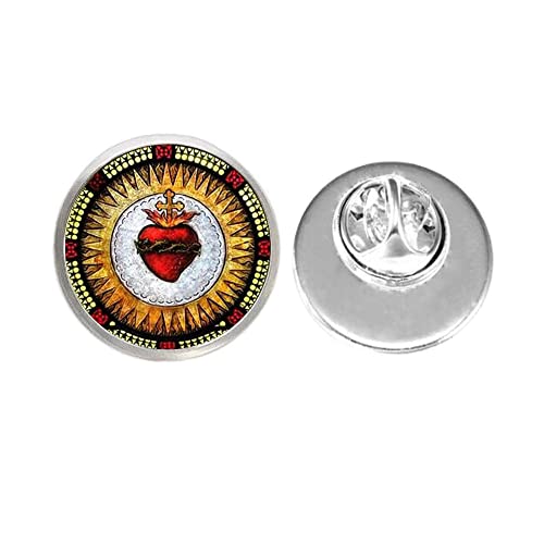 Broche de corazón sagrado con foto artística del corazón sagrado de Jesús, joyería cristiana hecha a mano, PU163 (plata), Metal, No es una piedra preciosa