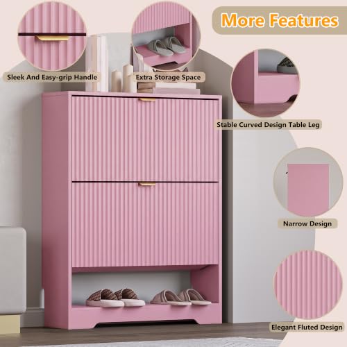 Image of BORNOON Shoe Cabinet with 2 Flip Drawers, Fluted Shoe Storage Cabinet with Adjustable Shelves, Freestanding Rack and Organizer for Entryway, Closet, Hallway
