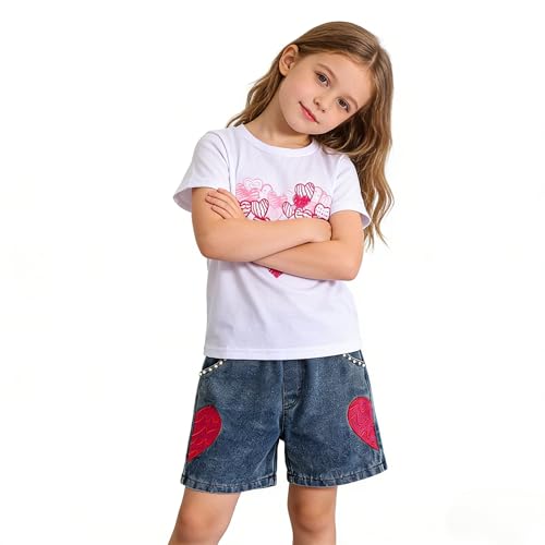Image of Ayzozuy Kid Girl Clothes Shorts Set 2 Piece Outfits Summer Casual Short Sleeve Top and Shorts Set for Girls 4-7