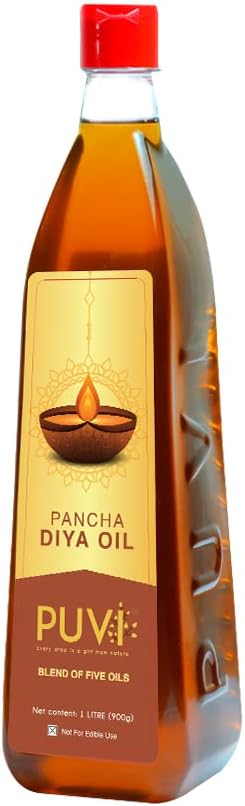 PUVI 1L Pancha Diya Oil/Lamp/Pooja/Deepam Oil | Chemical free | Unscented | Low soot | Blend of Sesame, Coconut, Castor, Mahua and Ghee – 1 Litre (Non Edible)