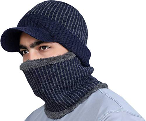 VINSON 2-Pieces Winter Beanie Hat Neck Scarf Set Warm Knitted Fur Lined for Men's & Boy's-(Blue,Freesize)