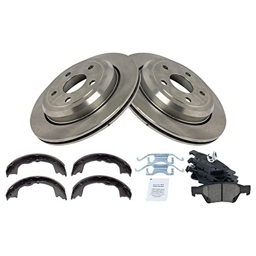 Image of TRQ Rear Ceramic Brake Pad and Rotor Set Includes Parking Brake Shoes Compatible with 11 Jeep Grand Cherokee 12-19 Jeep Grand Cherokee 11-17 Dodge Durango 18-19 Dodge Durango
