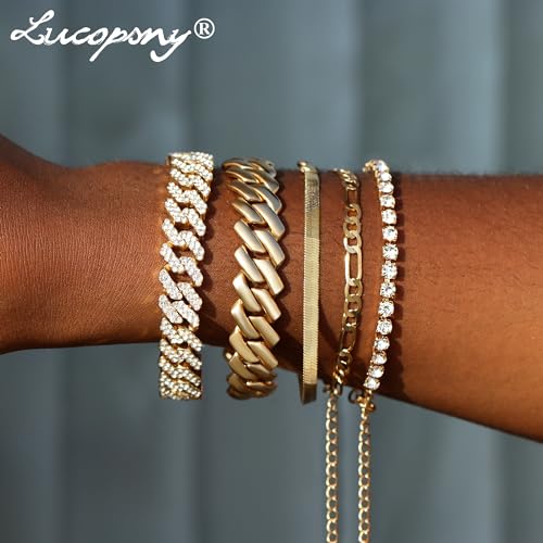Gold Bracelets for Women, 14K Gold Plated Bracelets Sets for Women, 13mm/14mm Cuban Chain Bracelet Layered Link Chain Bracelets Pack Jewelry Full Diamond for Women2