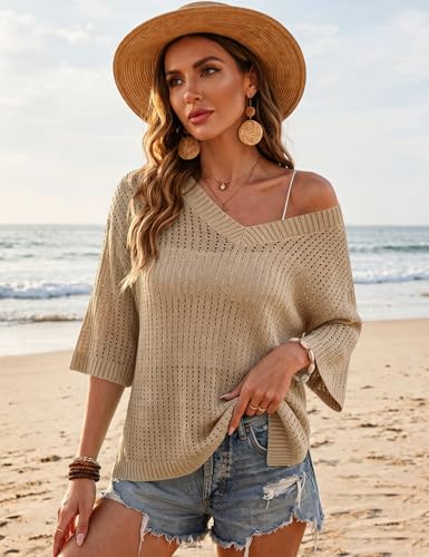 Image of Rapbin Women's Crochet V Neck Beach Cover Up 3 /4 Sleeve Hollow Out Knitted Pullover Sweater