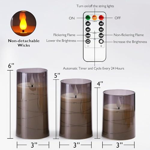 Image of Flickering Flame with Fairy Lights | Flameless Candles 3 Set | Grey Acrylic LED Pillars | Remote & Timer | Battery Operated | D3 xH4 5 inch 6 inch | Home Decor | Safe & Stylish