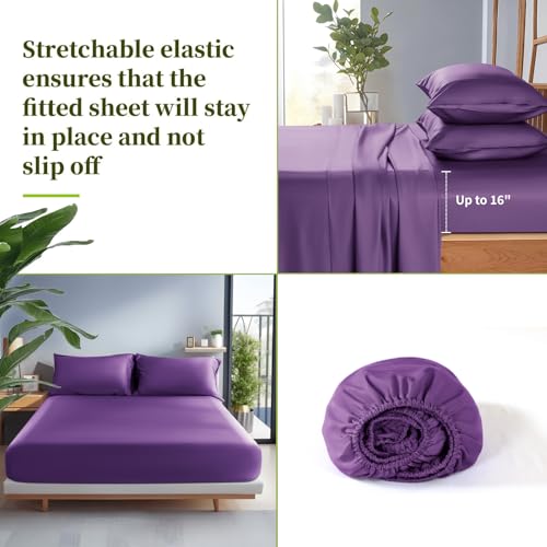 Shilucheng 100% Viscose Derived from Bamboo Queen Size 4pcs Ultra Cooling & Silky Soft Bed Sheets, 16" Deep Pocket, Perfect for Hot Sleepers, Hotel Bedding Sheets (Purple)