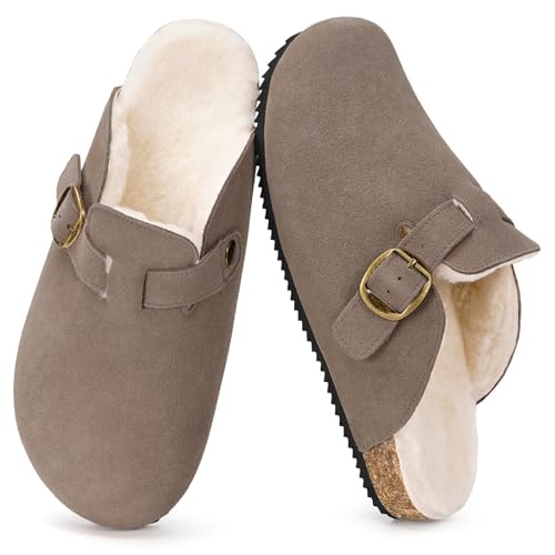 Zuecos y Mules para Hombre Mujer Zapatillas de Estar Invierno Pantuflas de Piel con Corcho Cerradas Zapatos Cálido y Cómodas de Interior Exterior Marrón Oscuro 39