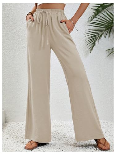 SOLY HUX Women's Elastic High Waisted Wide Leg Pants Tie Front Casual Long Trousers with Pockets4